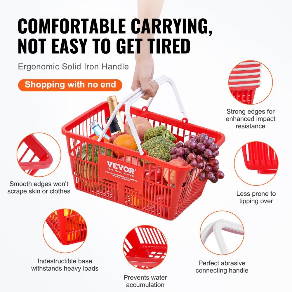 VEVOR Shopping Basket, Set of 12, 21L Durable Plastic Grocery Basket with Handle and Stand, 16.5 x 11.8 x 8.27 inch Portable Shop Basket Bulk Used for Retail Store Supermarket Grocery Shopping, Red