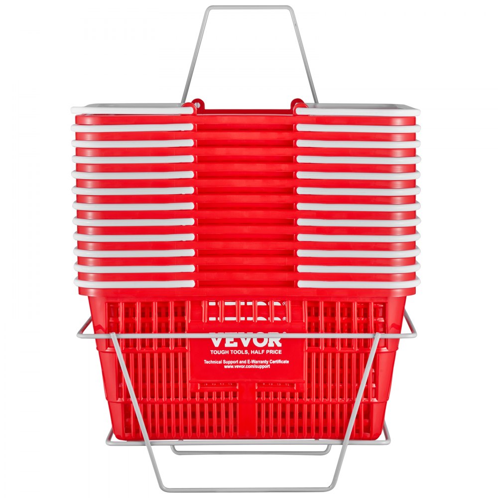 VEVOR Shopping Basket, Set of 12, 21L Durable Plastic Grocery Basket with Handle and Stand, 16.5 x 11.8 x 8.27 inch Portable Shop Basket Bulk Used for Retail Store Supermarket Grocery Shopping, Red