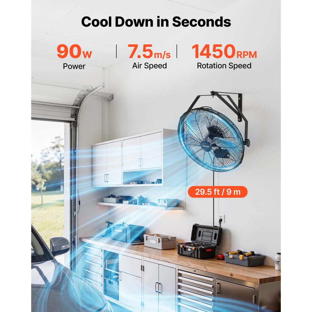 VEVOR Wall Mount Fan, 18 in Wall Mounted Hanging Fan with IP44-rated Protection, 3-Speed, Long Airflow Distance, Adjustable Rotation Angle, Powerful for Industry, Commercial, Garage, Workshop, 2 Pack