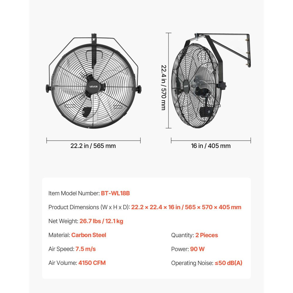 VEVOR Wall Mount Fan, 18 in Wall Mounted Hanging Fan with IP44-rated Protection, 3-Speed, Long Airflow Distance, Adjustable Rotation Angle, Powerful for Industry, Commercial, Garage, Workshop, 2 Pack
