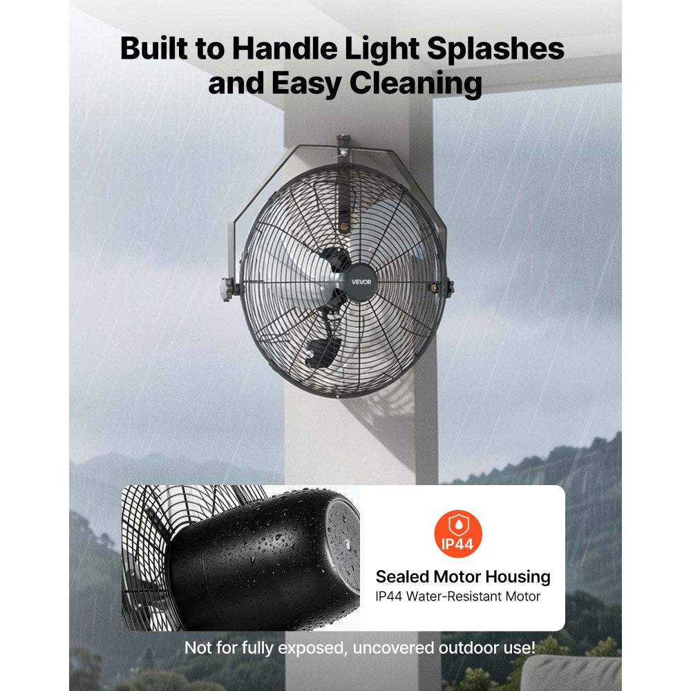 VEVOR Wall Mount Fan, 18 in Wall Mounted Hanging Fan with IP44-rated Protection, 3-Speed, Long Airflow Distance, Adjustable Rotation Angle, Powerful for Industry, Commercial, Garage, Workshop