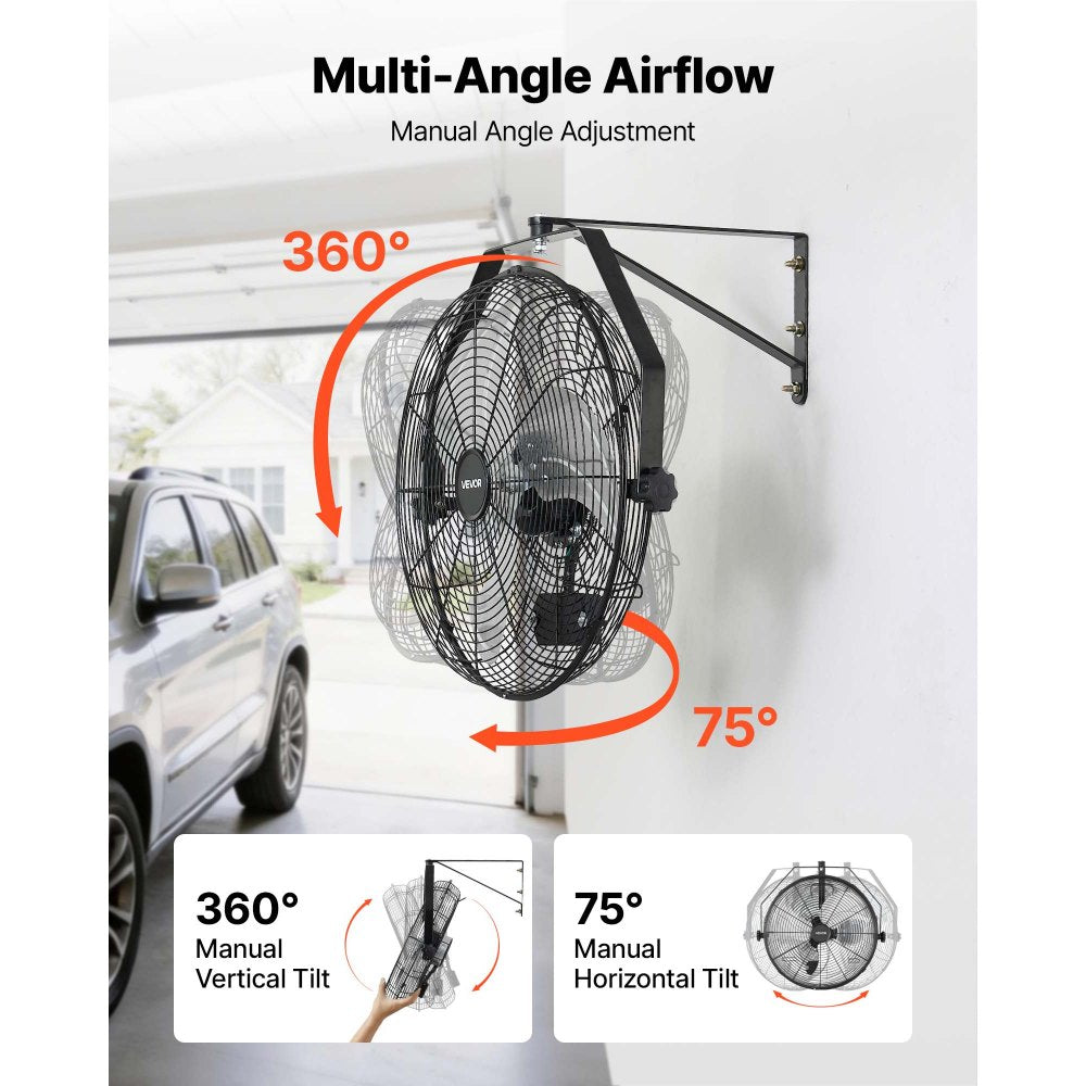 VEVOR Wall Mount Fan, 18 in Wall Mounted Hanging Fan with IP44-rated Protection, 3-Speed, Long Airflow Distance, Adjustable Rotation Angle, Powerful for Industry, Commercial, Garage, Workshop