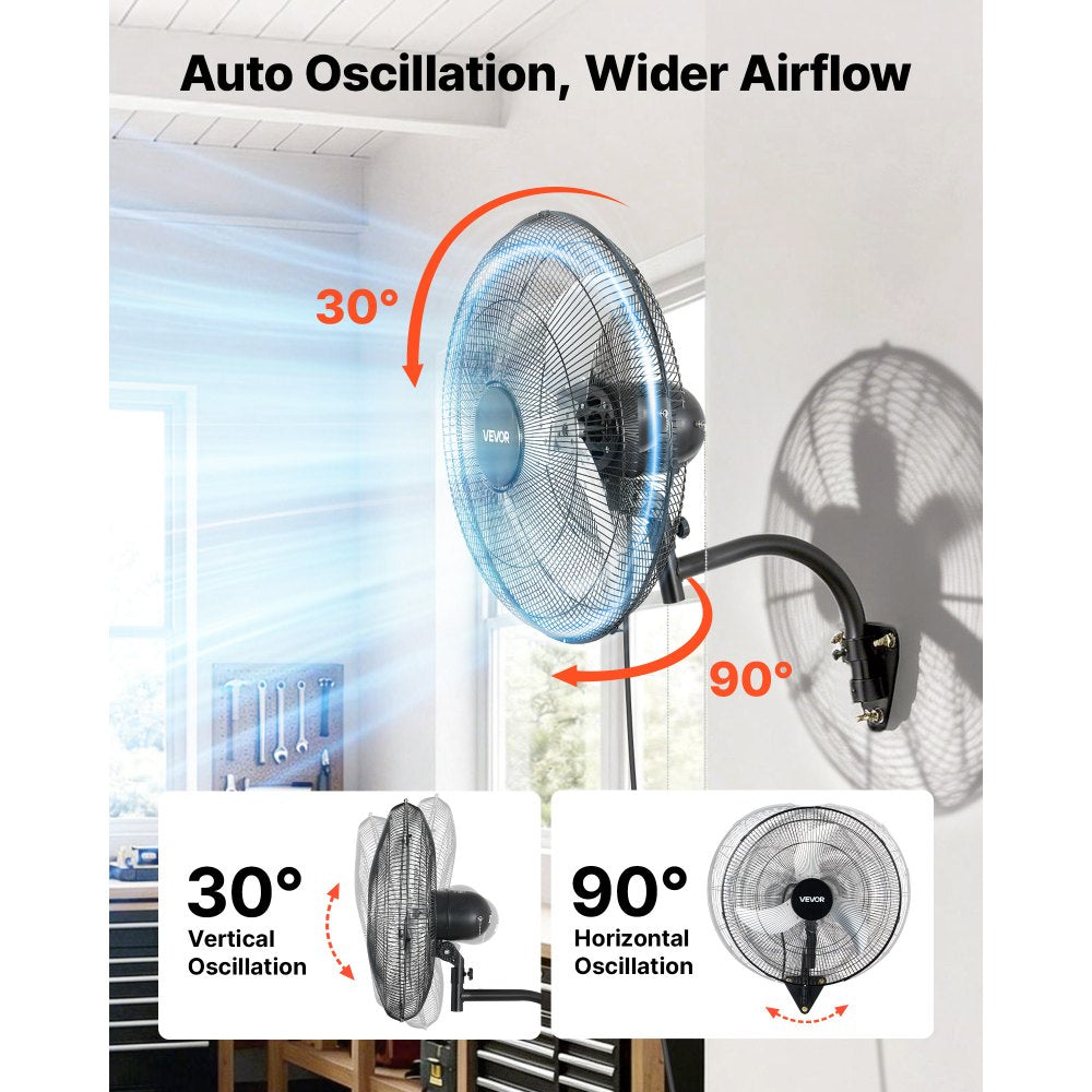 VEVOR Wall Mount Fan, 20 in Wall Mounted Hanging Fan Oscillating, 3-Speed, Long Airflow Distance, Adjustable Rotation Angle, Mechanical Powerful for Industry, Commercial, Garage, Workshop, Gym, Black