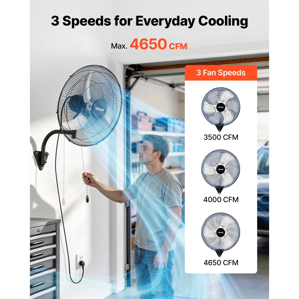 VEVOR Wall Mount Fan, 20 in Wall Mounted Hanging Fan Oscillating, 3-Speed, Long Airflow Distance, Adjustable Rotation Angle, Mechanical Powerful for Industry, Commercial, Garage, Workshop, Gym, Black