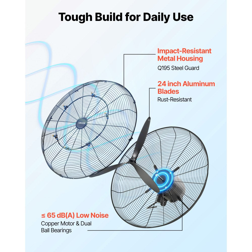 VEVOR Wall Mount Fan, 24 in Wall Mounted Hanging Fan with Oscillating & Mist, IP44-rated, 3-Speed, Powerful Air Reach, Mechanical Control, Long Airflow for Industry, Commercial, Garage, Workshop