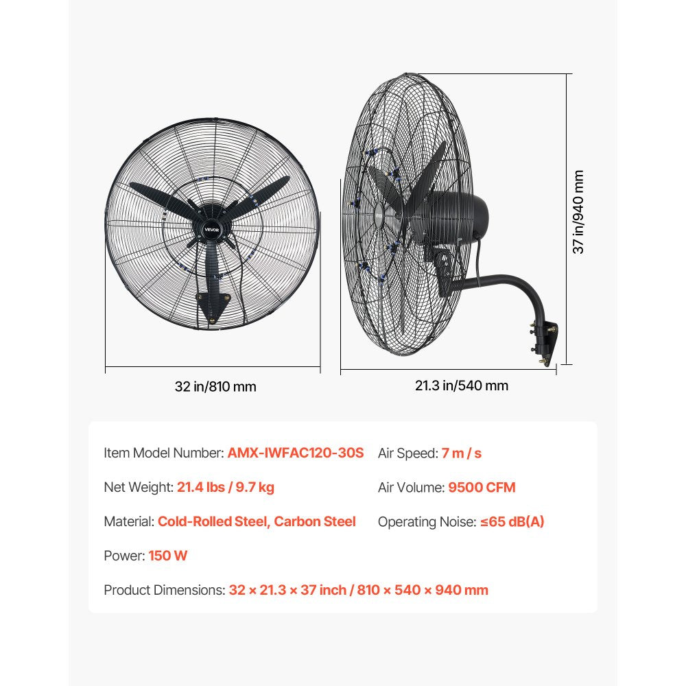 VEVOR Wall Mount Fan, 30 in Wall Mounted Hanging Fan with Oscillating & Mist, IP44-rated, 3-Speed, Powerful Air Reach, Mechanical Control, Long Airflow for Industry, Commercial, Garage, Workshop, Gym