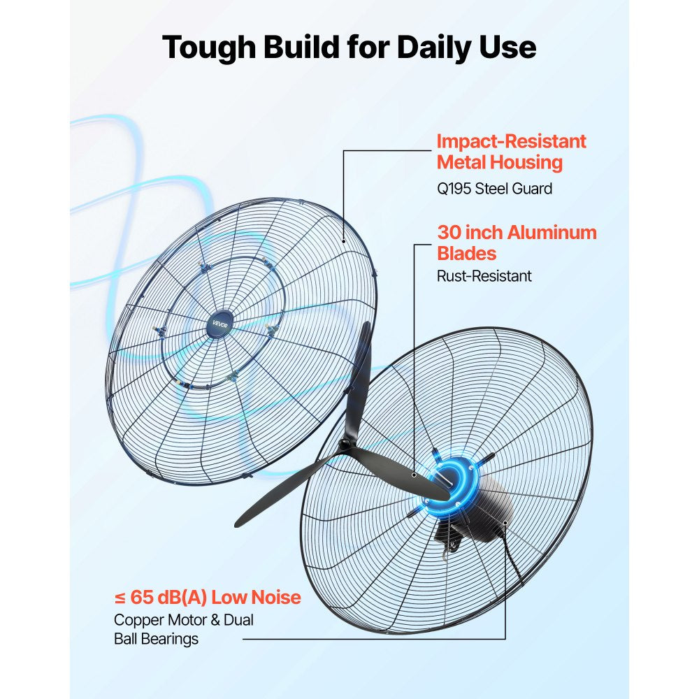 VEVOR Wall Mount Fan, 30 in Wall Mounted Hanging Fan with Oscillating & Mist, IP44-rated, 3-Speed, Powerful Air Reach, Mechanical Control, Long Airflow for Industry, Commercial, Garage, Workshop, Gym