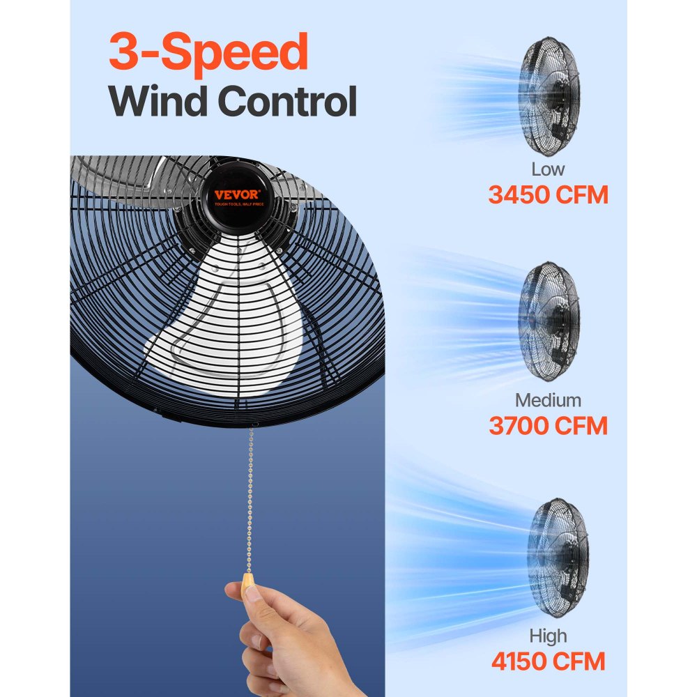 VEVOR Wall Mount Fan, 18 Inch, 3-speed High Velocity Max. 4150 CFM, Waterproof Industrial Wall Fan, Commercial or Residential for Warehouse, Greenhouse, Workshop, Patio, Black, ETL Listed