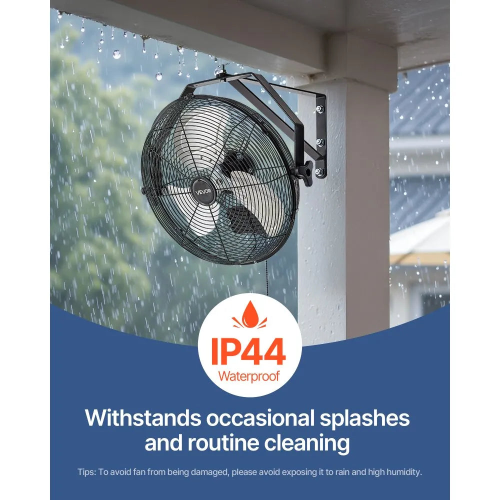VEVOR 14 Inch Industrial Wall Mount Fan, High Velocity 2473 CFM Outdoor Fan with 3 Speeds, Waterproof IP44 Garage Wall Fan with Aluminum Blades for Workshop, Warehouse, Greenhouse