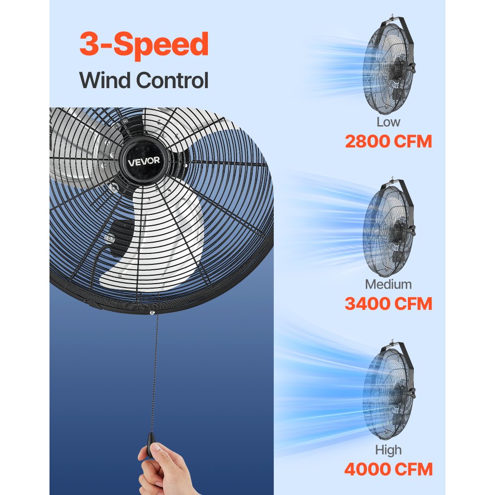 VEVOR 18 Inch Industrial Wall Mount Fan, High Velocity 4000 CFM Indoor Fan with 3 Speeds,  Powerful Motor Garage Wall Fan with Aluminum Blades for Workshop, Warehouse, Greenhouse, Commercial