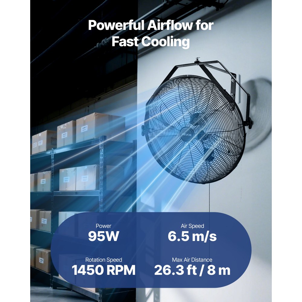 VEVOR 20 Inch Industrial Wall Mount Fan, High Velocity 4650 CFM Indoor Fan with 3 Speeds,  Powerful Motor Garage Wall Fan with Aluminum Blades for Workshop, Warehouse, Greenhouse, Commercial