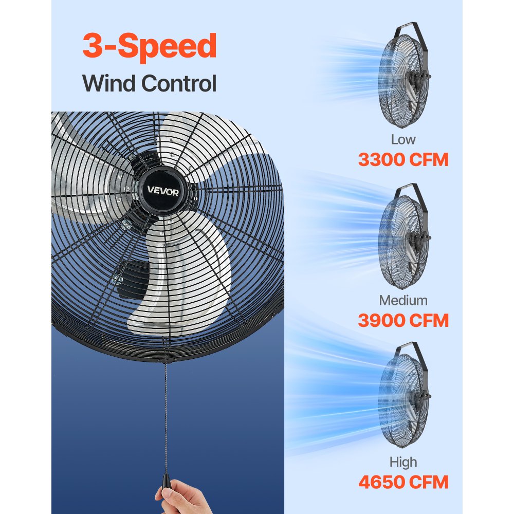 VEVOR 20 Inch Industrial Wall Mount Fan, High Velocity 4650 CFM Indoor Fan with 3 Speeds,  Powerful Motor Garage Wall Fan with Aluminum Blades for Workshop, Warehouse, Greenhouse, Commercial