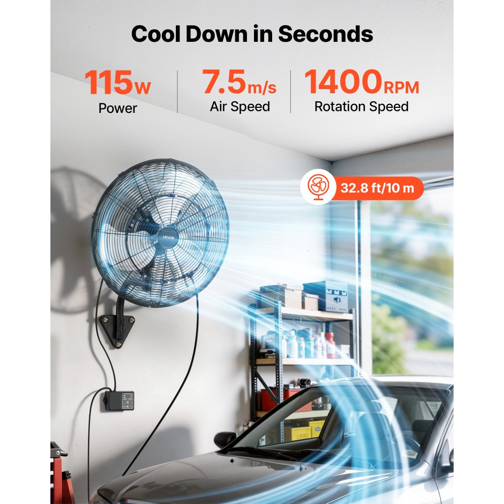 VEVOR Wall Mount Fan, 20 in Wall Mounted Hanging Fan with Oscillating & Mist, Remote, IP44-rated, 3-Speed, 18h Timer, Temperature Control, Powerful for Industry, Commercial, Garage, Workshop, Gym