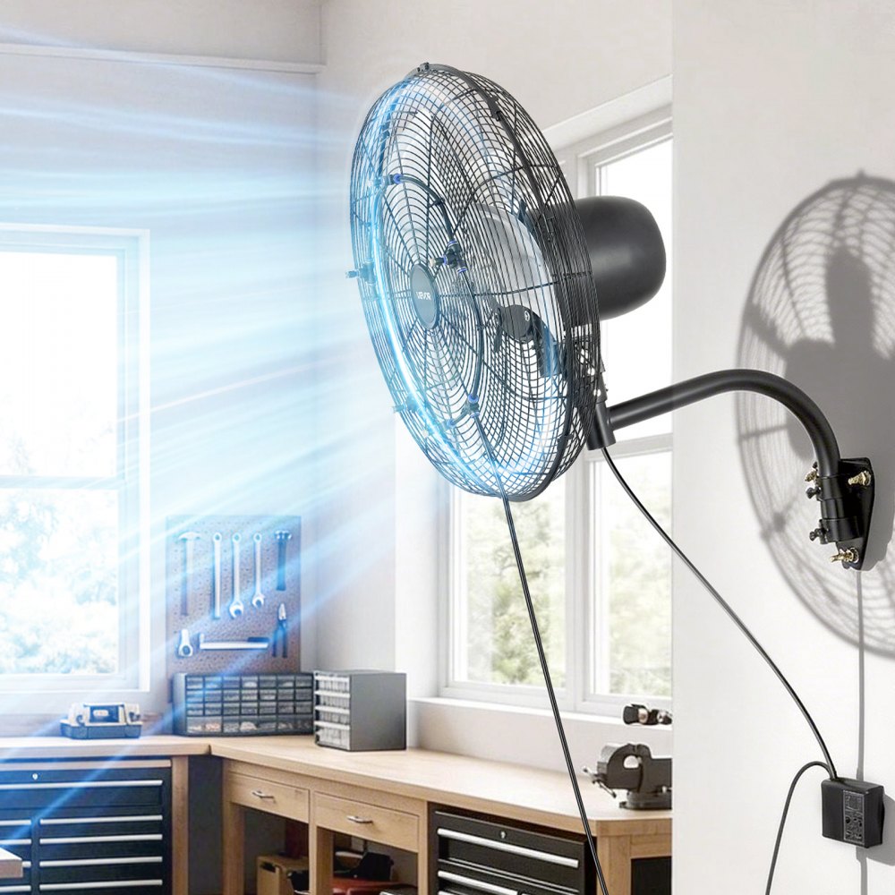 VEVOR Wall Mount Fan, 20 in Wall Mounted Hanging Fan with Oscillating & Mist, Remote, IP44-rated, 3-Speed, 18h Timer, Temperature Control, Powerful for Industry, Commercial, Garage, Workshop, Gym