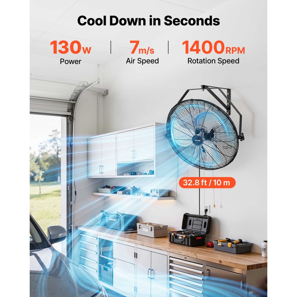 VEVOR Wall Mount Fan, 20 in Wall Mounted Hanging Fan, 3-Speed, Long Airflow Distance, Adjustable Rotation Angle, Mechanical Control, Powerful for Industry, Commercial, Garage, Workshop, Gym, 2 Pack