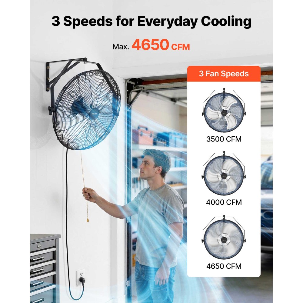 VEVOR Wall Mount Fan, 20 in Wall Mounted Hanging Fan, 3-Speed, Long Airflow Distance, Adjustable Rotation Angle, Mechanical Control, Powerful for Industry, Commercial, Garage, Workshop, Gym, 2 Pack