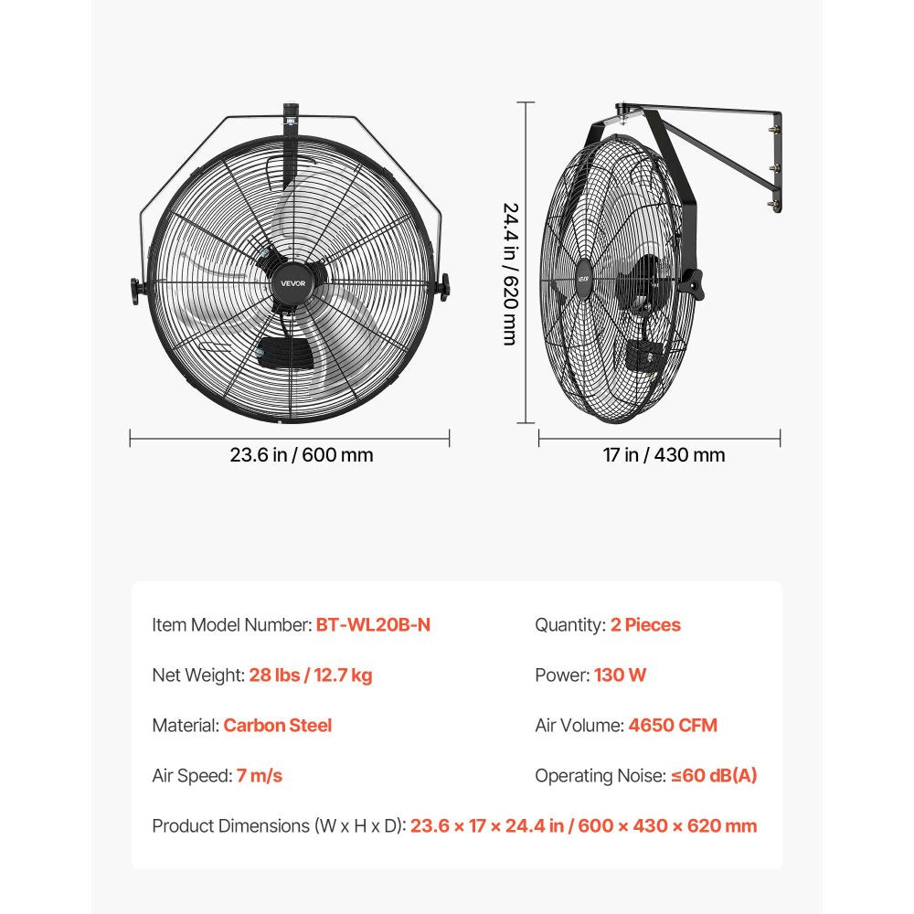 VEVOR Wall Mount Fan, 20 in Wall Mounted Hanging Fan, 3-Speed, Long Airflow Distance, Adjustable Rotation Angle, Mechanical Control, Powerful for Industry, Commercial, Garage, Workshop, Gym, 2 Pack