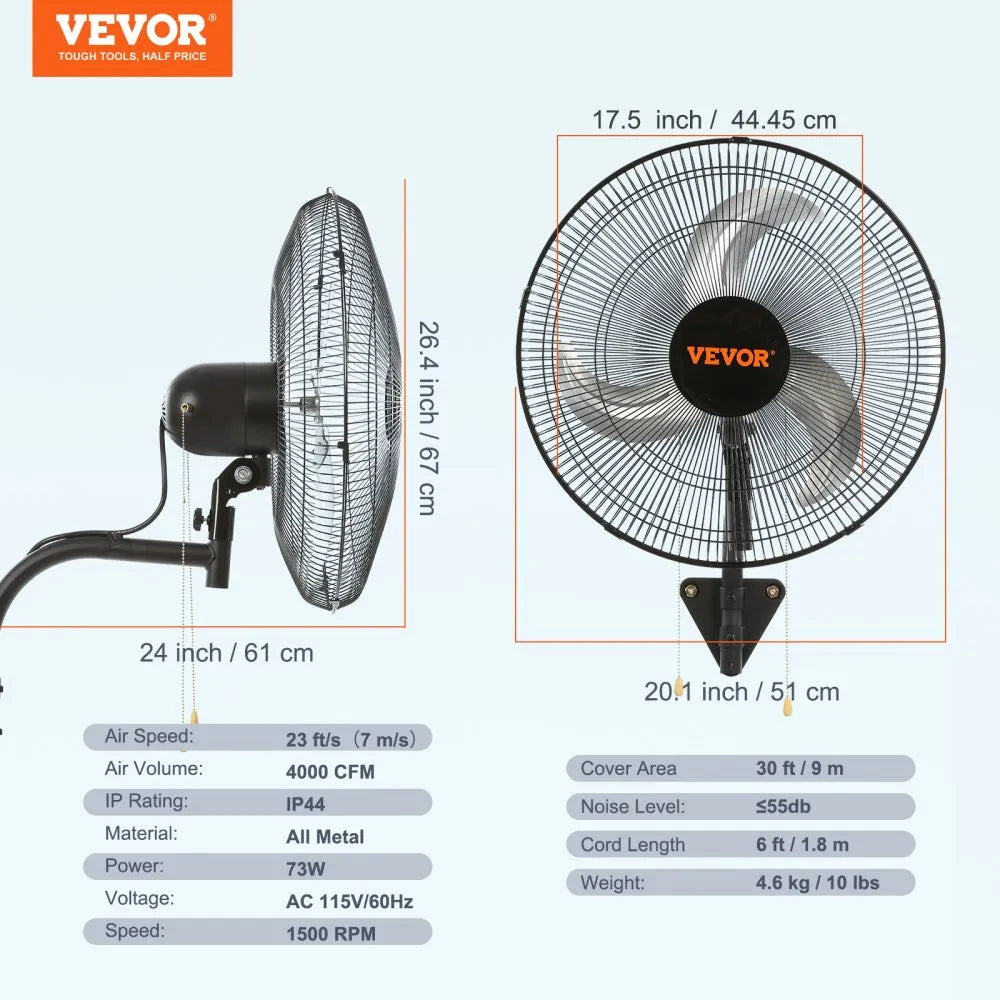 VEVOR Wall Mount Fan, 18 Inch, 3-speed High Velocity Max. 4000 CFM Oscillating Industrial Wall Fan, Commercial or Residential for Warehouse, Greenhouse, Workshop, Patio, Basement, Black, ETL Listed