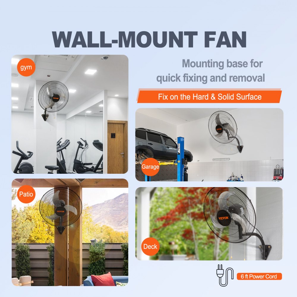 VEVOR Wall Mount Fan, 20 Inch, 3-speed High Velocity Max. 4650 CFM Oscillating Industrial Wall Fan, Commercial or Residential for Warehouse, Greenhouse, Workshop, Patio, Basement, Black, ETL Listed