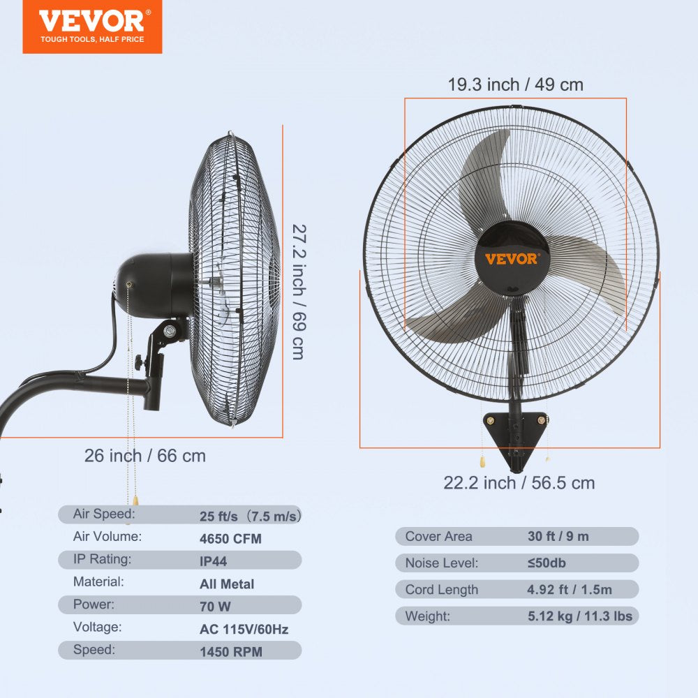 VEVOR Wall Mount Fan, 20 Inch, 3-speed High Velocity Max. 4650 CFM Oscillating Industrial Wall Fan, Commercial or Residential for Warehouse, Greenhouse, Workshop, Patio, Basement, Black, ETL Listed