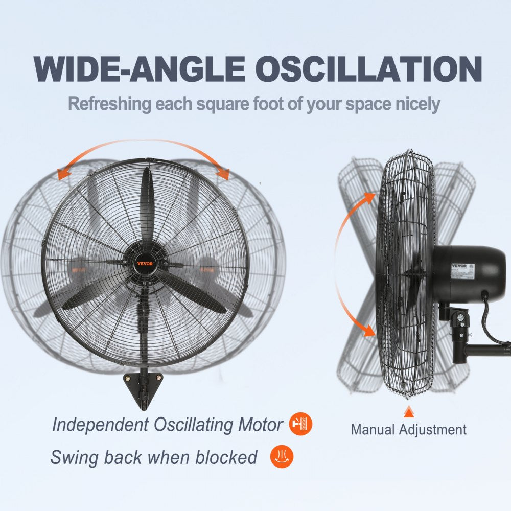 VEVOR Wall-Mount Misting Fan, 24 Inch, 3-speed High Velocity Max. 7000 CFM, Waterproof Oscillating Industrial Wall Fan, Commercial or Residential for Warehouse, Greenhouse, Workshop, Black, ETL Listed