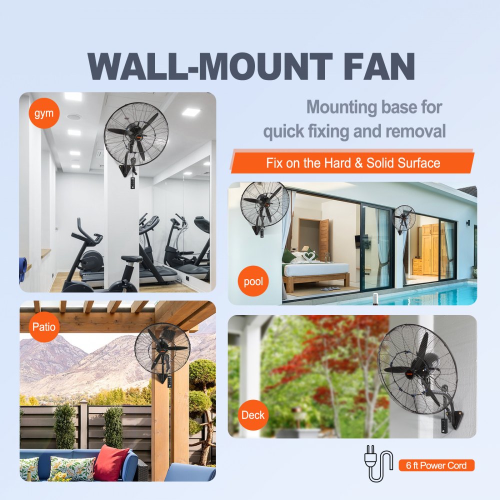 VEVOR Wall-Mount Misting Fan, 24 Inch, 3-speed High Velocity Max. 7000 CFM, Waterproof Oscillating Industrial Wall Fan, Commercial or Residential for Warehouse, Greenhouse, Workshop, Black, ETL Listed