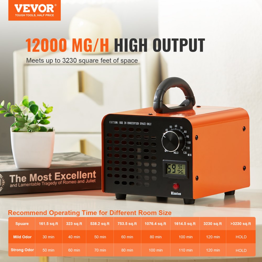 VEVOR Ozone Generator, 12000mg/h Ozone Machine Remover, High Capacity Commercial/Industrial Ozone Generator Machine, Home Air Ionizers Deodorizer with 0-120 min Time Setting for Rooms, Cars, Pets