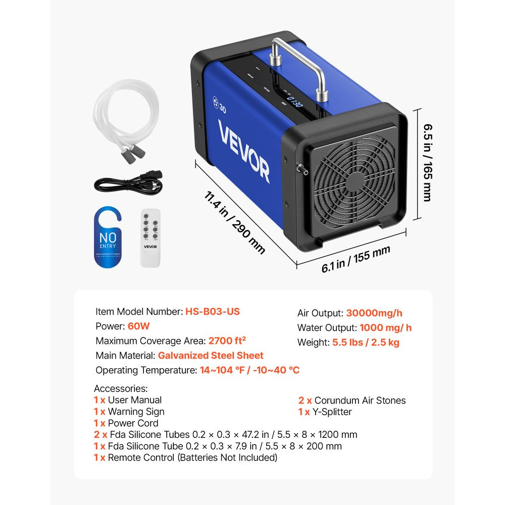 VEVOR Ozone Generator, 30000mg/h Commercial Ozone Machine, with 15s Delayed Start & Dual-Hose Water Mode & LCD Touchscreen, Industrial Deodorizer for Car, Smoke, Home Odors, Up to 2700 sq.ft