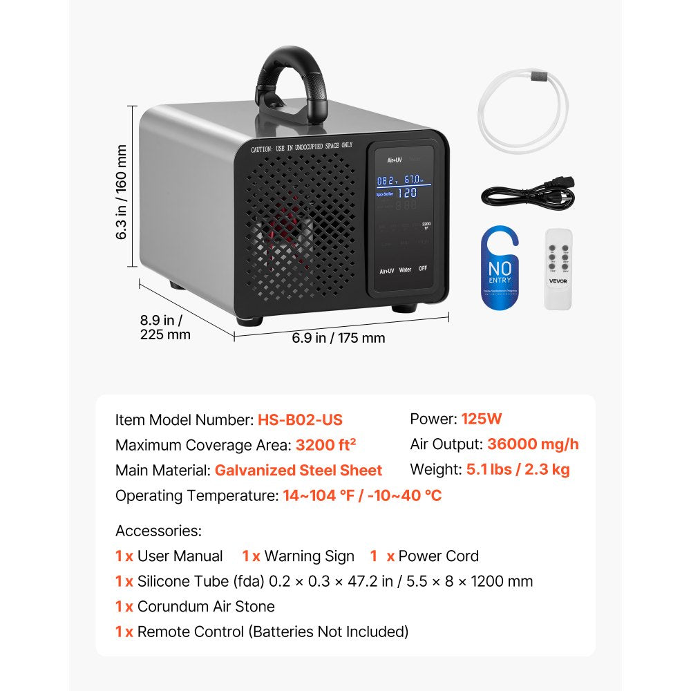 VEVOR Ozone Generator, 36000mg/h Commercial Ozone Machine, with 15s Delayed Start & Area-Based Timer & LCD Touchscreen Display, Industrial Deodorizer for Car, Smoke, Home Odors, Up to 3200 sq.ft