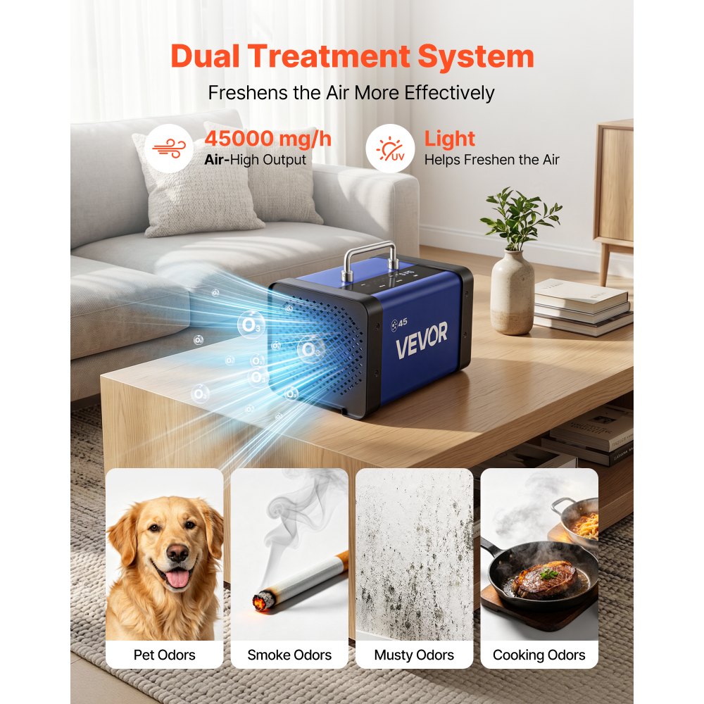 VEVOR Ozone Generator, 45000mg/h Commercial Ozone Machine, with 15s Delayed Start & Dual-Hose Water Mode & LCD Touchscreen, Industrial Deodorizer for Car, Smoke, Home Odors, Up to 3800 sq.ft