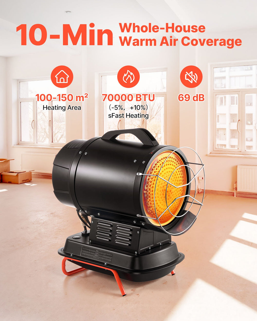 VEVOR radiant kerosene heater - whole-house warm air coverage graphic
