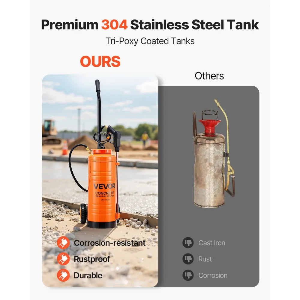 VEVOR Industrial Concrete Sprayer with Wheeled Cart, 3.5 Gallon Stainless Steel Sprayer, Heavy Duty Tri-Poxy Pump Sprayers, 20.5"Wand, 48" & 120"Hoses, 2 Brass Nozzles for Construction, Lawn & Garden