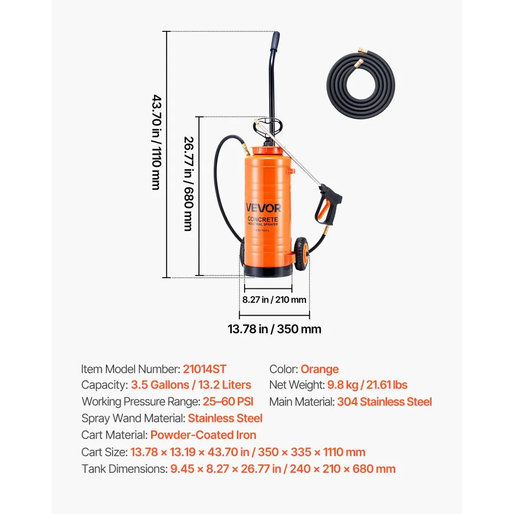 VEVOR Industrial Concrete Sprayer with Wheeled Cart, 3.5 Gallon Stainless Steel Sprayer, Heavy Duty Tri-Poxy Pump Sprayers, 20.5"Wand, 48" & 120"Hoses, 2 Brass Nozzles for Construction, Lawn & Garden