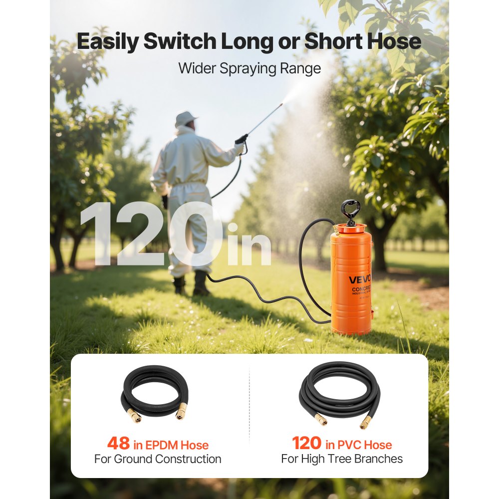 VEVOR Industrial Concrete Sprayer, 3.5 Gallon Stainless Steel Sprayer, Heavy Duty Tri-Poxy Pump Sprayers, 20.5"Wand with Ergonomic Gun Handle, 48"& 120"Hose, 2 Brass Nozzles for Construction, Garden