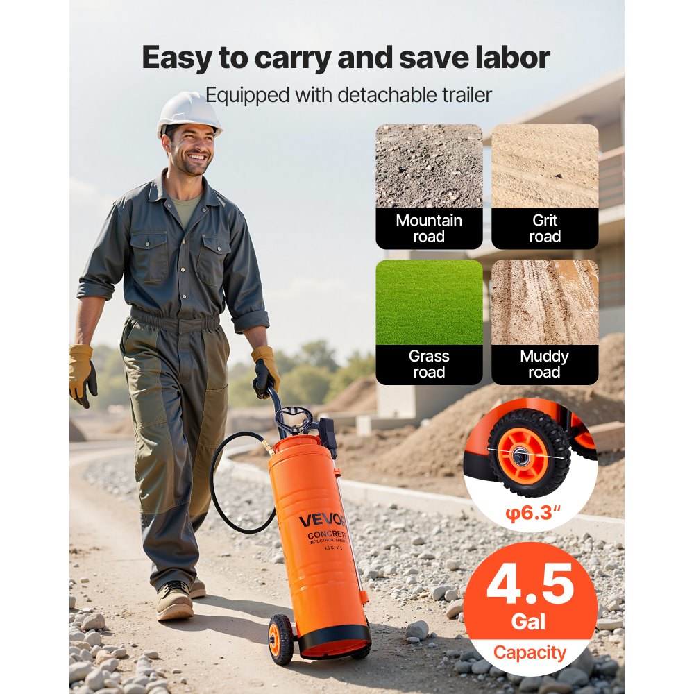 VEVOR Industrial Sprayer, 4.5 Gallons Large Capacity, Stainless Steel Concrete Sprayer with Ergonomic Handle & Removable Cart, 48" & 120" Hose, Concrete Sealer Sprayers for Form Oils Construction