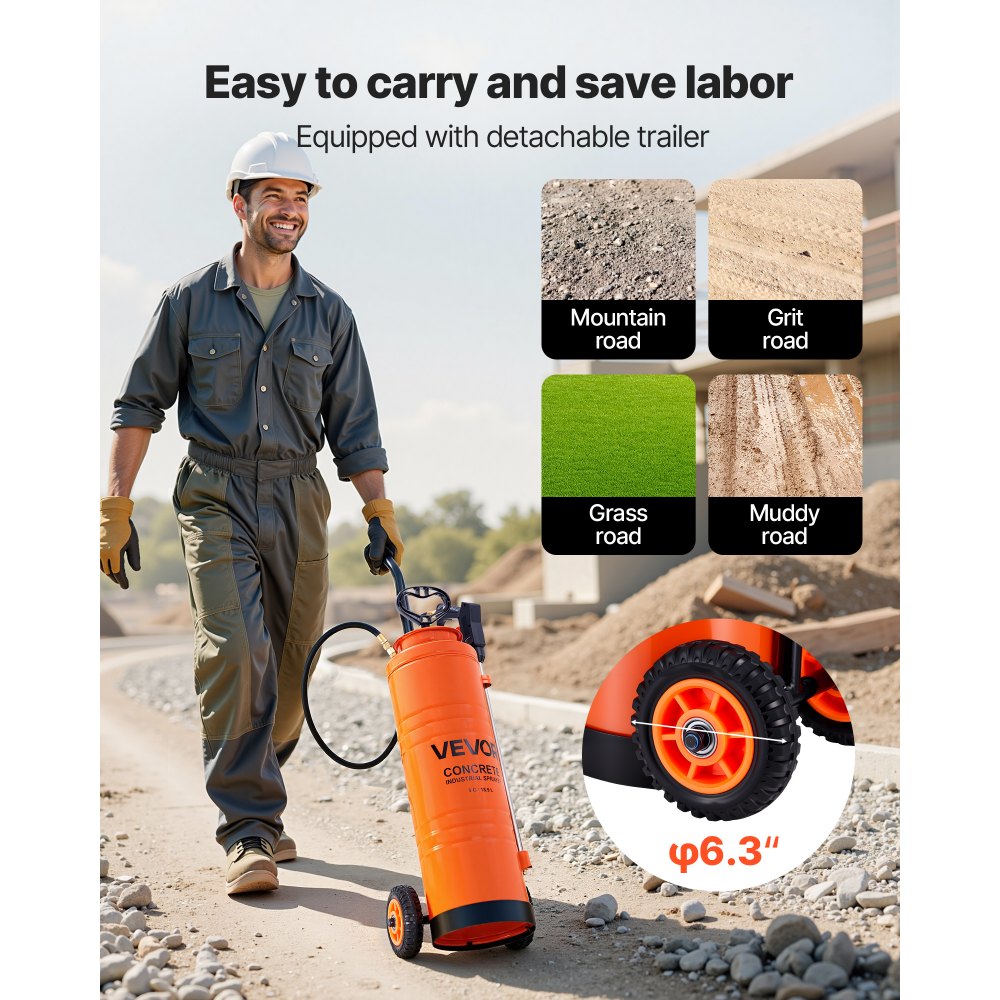 VEVOR Industrial Concrete Sprayer with Wheeled Cart, 5 Gallon Stainless Steel Sprayer, Heavy Duty Tri-Poxy Pump Sprayers, 20.5''Wand, 48" & 120" Hoses, 2 Brass Nozzles for Construction, Lawn & Garden