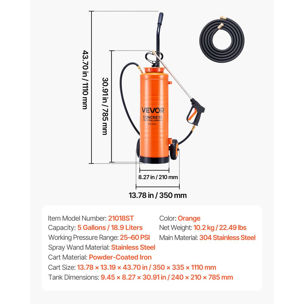 VEVOR Industrial Concrete Sprayer with Wheeled Cart, 5 Gallon Stainless Steel Sprayer, Heavy Duty Tri-Poxy Pump Sprayers, 20.5''Wand, 48" & 120" Hoses, 2 Brass Nozzles for Construction, Lawn & Garden