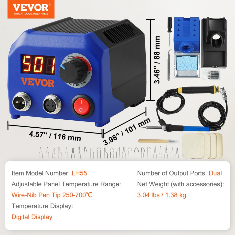 VEVOR Wood Burning Kit, 250~700°C Adjustable Temperature with Display, Dual Output Port with 2 Pyrography Pens, 23 Wire Nibs, 5 Solid-Point Tips, 2 Pen Holder, 4 Wood Chip, 1 Tweezers, 1 Sponge