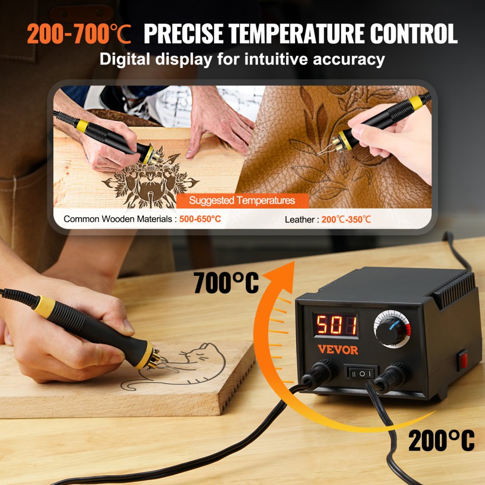 VEVOR Wood Burning Kit, 200~700°C Adjustable Temperature with Display, Dual Output Port with 2 Pyrography Pens, 23 Wire Nibs, 4 Wood Chip, 1 Pen Holder, 1 Screwdriver, 1 Knife, 1 Tweezers, 1 Sponge