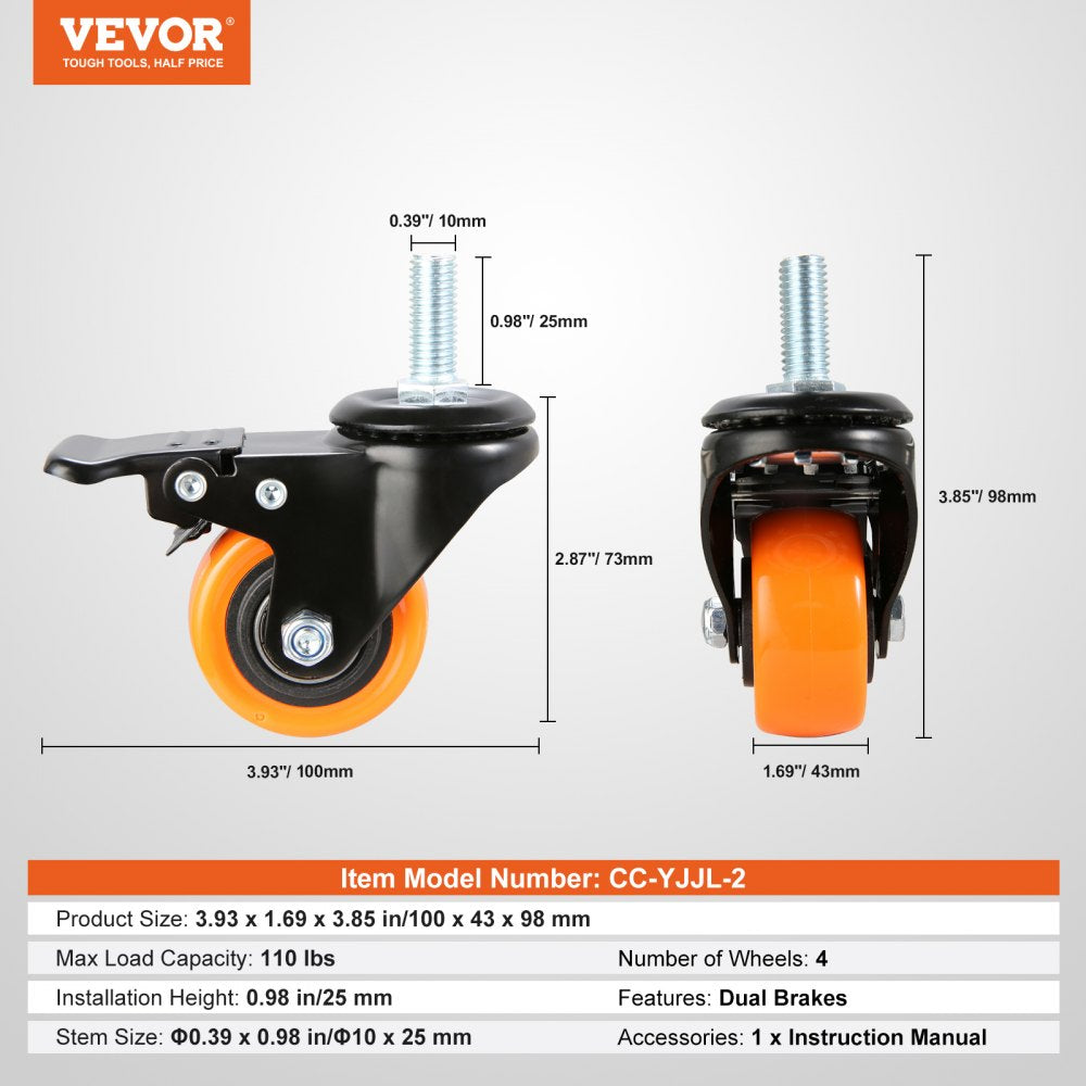 VEVOR Caster Wheels, 2 inch, Set of 4, 110 lbs Load Capacity, Threaded Stem Casters with Security Dual Locking Brake, Heavy Duty Industrial Casters, No Noise Swivel Caster Wheels for Cart, Furniture