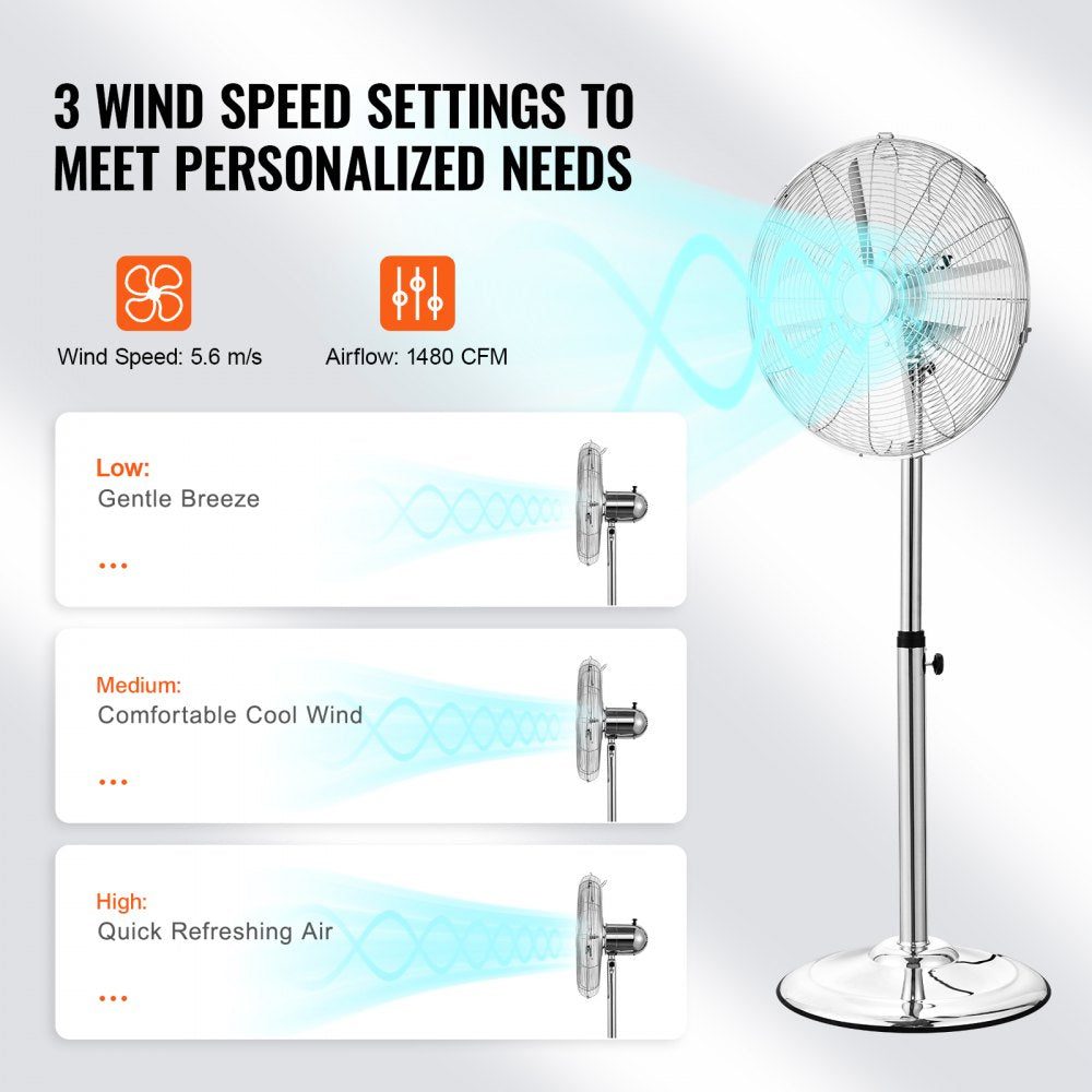 VEVOR Industrial Pedestal Fan, 16 Inch 75-Degree Oscillating Fan, Height Adjustable Standing Fans with 3 Adjustable Speeds, High Power Floor Fans for Office, Silver
