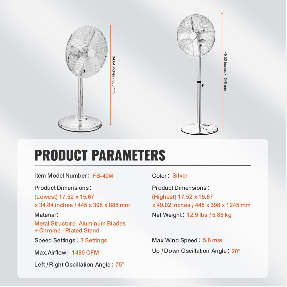 VEVOR Industrial Pedestal Fan, 16 Inch 75-Degree Oscillating Fan, Height Adjustable Standing Fans with 3 Adjustable Speeds, High Power Floor Fans for Office, Silver