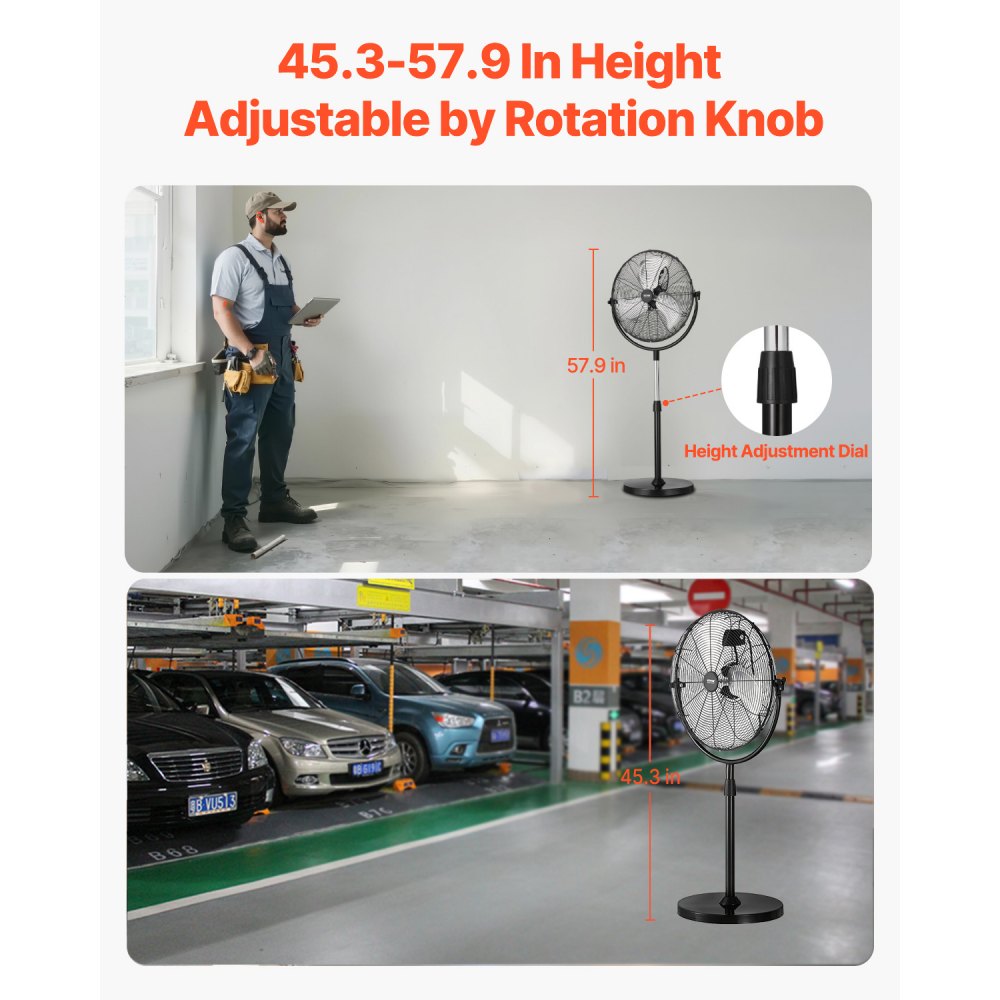 VEVOR Industrial Pedestal Fan, 18 Inch Standing Fan with 45.3 to 57.9 Inches Adjustable Height, Floor Fans with 3 Adjustable Speeds, High Power Fans for Warehouse,Garage,Commercial,Residential, Black