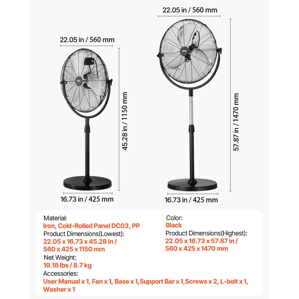 VEVOR Industrial Pedestal Fan, 18 Inch Standing Fan with 45.3 to 57.9 Inches Adjustable Height, Floor Fans with 3 Adjustable Speeds, High Power Fans for Warehouse,Garage,Commercial,Residential, Black