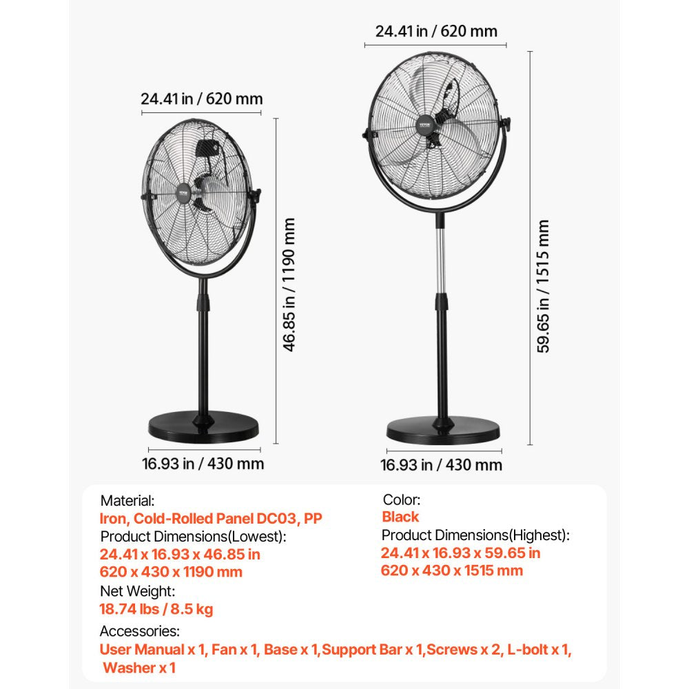 VEVOR Industrial Pedestal Fan, 20 Inch Standing Fan with 46.9 to 59.6 Inches Adjustable Height, Floor Fans with 3 Adjustable Speeds, High Power Fans for Warehouse,Garage,Commercial,Residential, Black