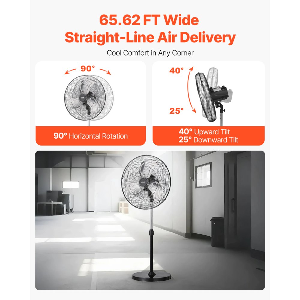 VEVOR Industrial Pedestal Fan, 20 Inch 90-Degree Oscillating Fan, Height Adjustable Standing Fans with 3 Adjustable Speeds, High Power Fans for Warehouse,Garage,Commercial, Black