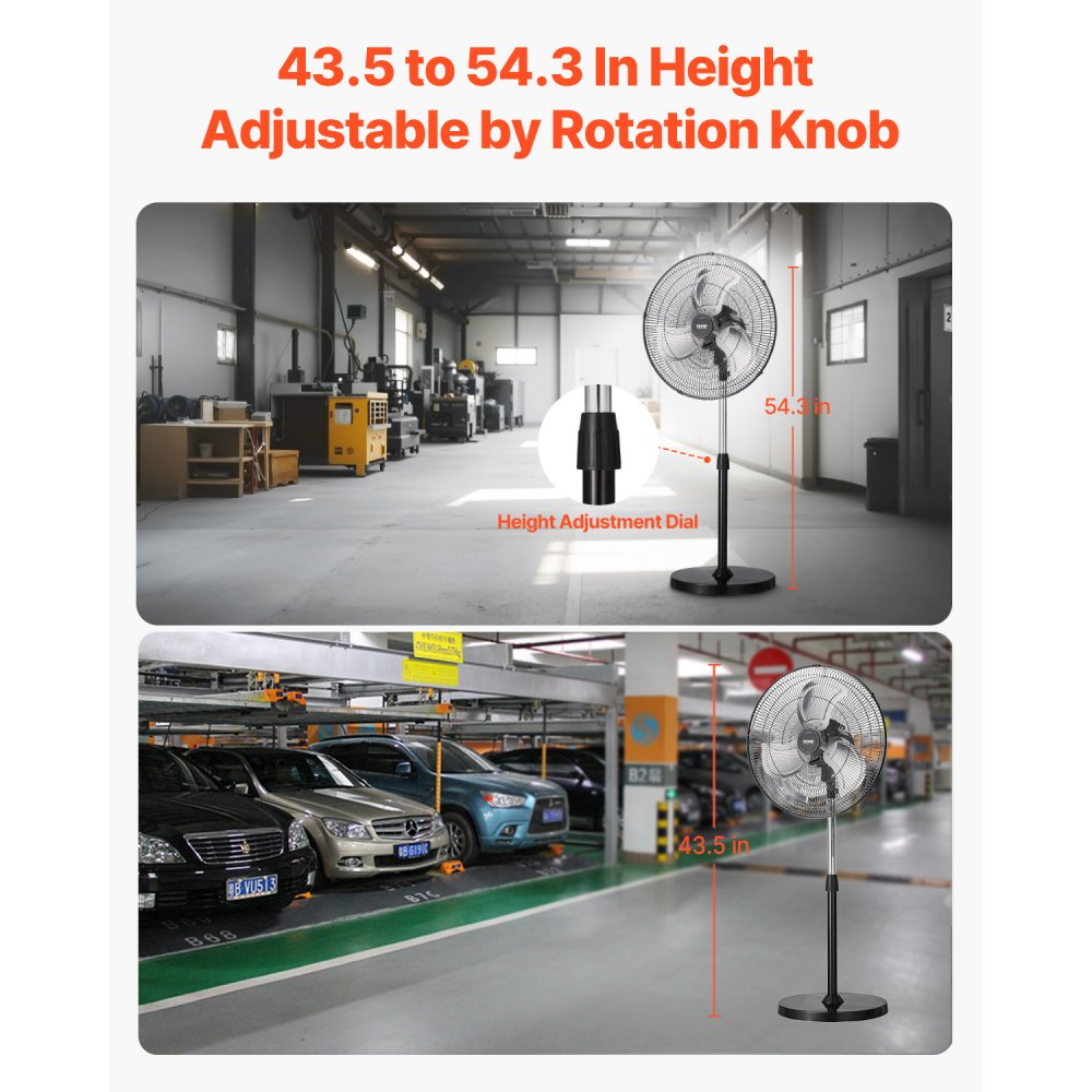VEVOR Industrial Pedestal Fan, 20 Inch 90-Degree Oscillating Fan, Height Adjustable Standing Fans with 3 Adjustable Speeds, High Power Fans for Warehouse,Garage,Commercial, Black
