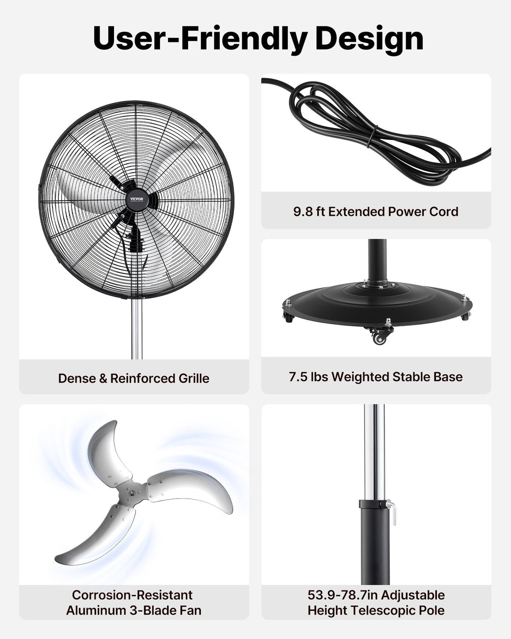 VEVOR 24-Inch High Velocity Pedestal Fan, 6800 CFM Industrial Standing Floor Fan with 85° Oscillating, 3-Speed Adjustable Height, IP44 Waterproof, Carbon Steel for Commercial, Garage, Workshop, Black