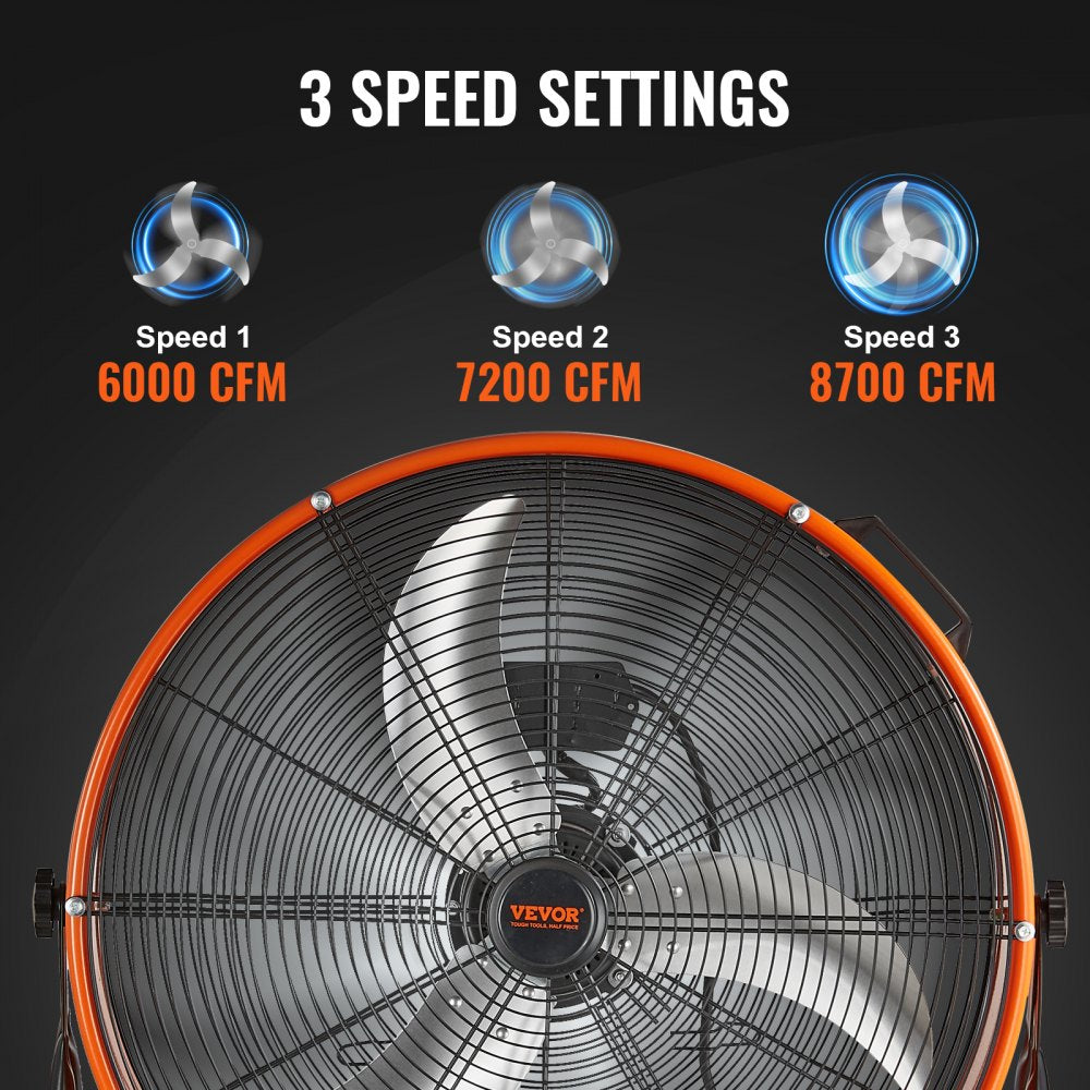 VEVOR Drum Fan, 24 Inch High Velocity Industrial Shop Fan, Heavy Duty Commercial Use 3-Speed 8600CFM, 360°Adjustable Tilting Industrial Floor Fan for Warehouse,Workshop,Factory, Basement