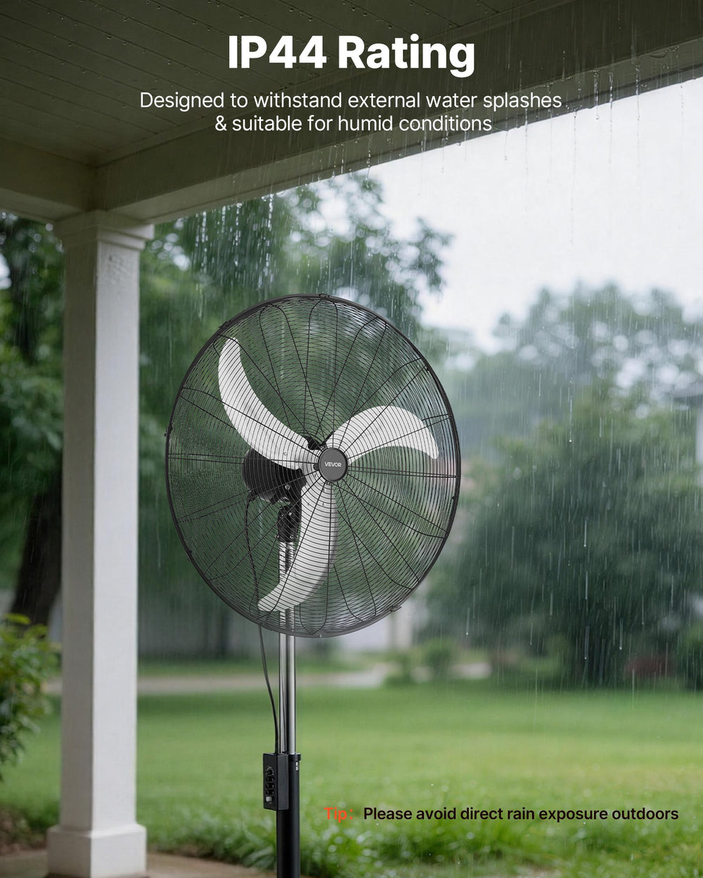 VEVOR 30-Inch High Velocity Pedestal Fan - IP44 rating outdoor use infographic